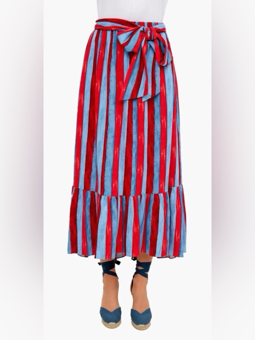 Tuckernuck Red and Blue Striped Midi Skirt with Tie Waist